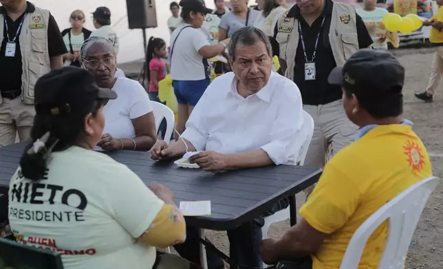 FILE - Presidential candidate Jorge Nieto of the Good Government party talks with a group of supporters during a campaign rally in Lima, Peru, April 8, 2026. (AP Photo/Gerardo Marin, File)