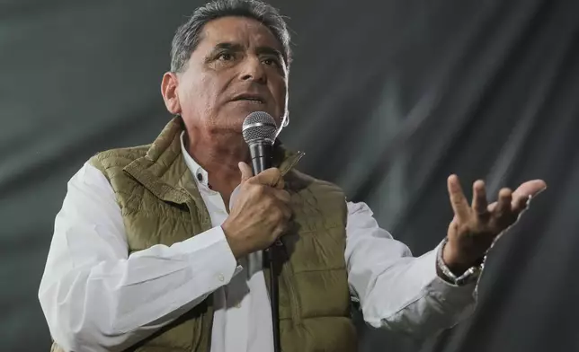 FILE - Presidential candidate Carlos Alvarez, of the Country for All party, delivers a speech during his closing presidential campaign rally in Lima, Peru, April 9, 2026. (AP Photo/Gerardo Marin, File)