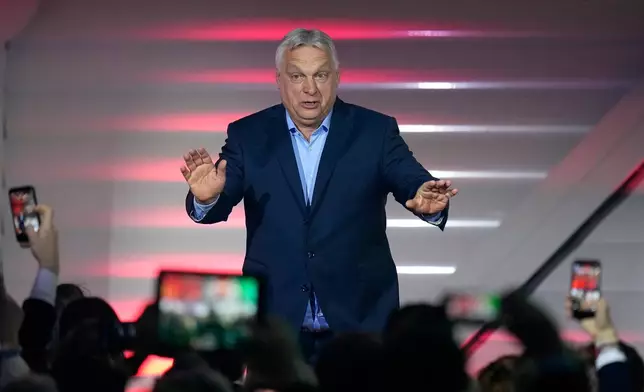 Hungary's Prime Minister Viktor Orban addresses after receiving the results of a parliamentary election in Budapest, Hungary, Sunday, April 12, 2026. (AP Photo/Petr David Josek)
