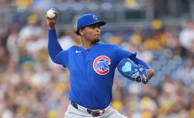 Chicago Cubs starting pitcher Edward Cabrera works against a San Diego Padres batter during the second inning of a baseball game Tuesday, April 28, 2026, in San Diego. (AP Photo/Gregory Bull)