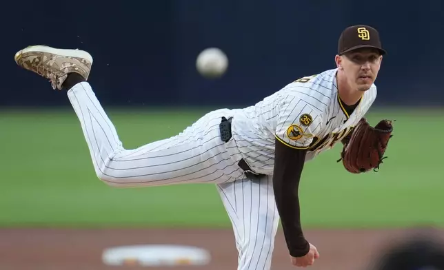 San Diego Padres starting pitcher Walker Buehler works against a Chicago Cubs batter during the first inning of a baseball game Tuesday, April 28, 2026, in San Diego. (AP Photo/Gregory Bull)