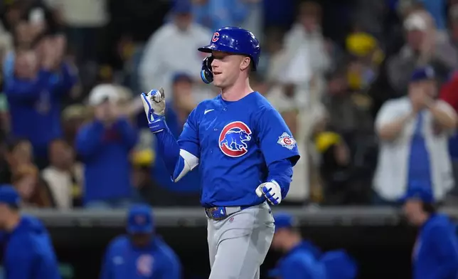Chicago Cubs' Pete Crow-Armstrong celebrates after hitting a three-run home run during the seventh inning of a baseball game against the San Diego Padres Tuesday, April 28, 2026, in San Diego. (AP Photo/Gregory Bull)