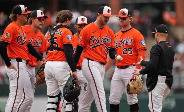 Baltimore Orioles starting pitcher Trevor Rogers (28) leaves the mound after a pitching substitution is made during the second inning of a baseball game against the Boston Red Sox, Saturday, April 25, 2026, in Baltimore. (AP Photo/Stephanie Scarbrough)