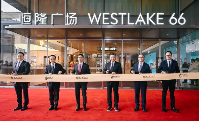 Members of Hang Lung's senior management officiate at the ribbon cutting ceremony of Westlake 66 in Hangzhou (from left to right): Mr. Herman Chui, Senior Director – Office, Hotel &amp; Residence; Mr. Kenneth Chiu, Chief Financial Officer; Mr. Adriel Chan, Chair; Mr. Weber Lo, Chief Executive Officer; Mr. Derek Pang, Senior Director – Mainland Business Operation; Mr. Mikael Jaeraas, Senior Director – Retail and Hong Kong Business Operation