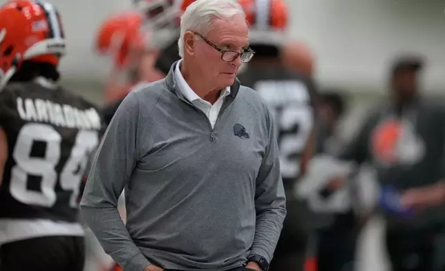 Jimmy Haslam, Cleveland Browns owner, watches during an NFL football practice, Wednesday, May 20, 2026, in Berea, Ohio. (AP Photo/Sue Ogrocki)