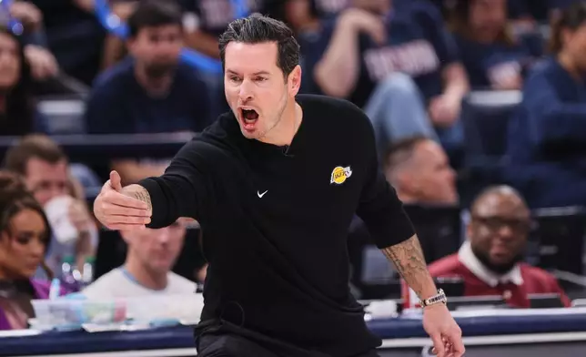 Los Angeles Lakers head coach JJ Redick reacts to play against the Oklahoma City Thunder in the second half of Game 2 in a second-round NBA basketball playoffs series Thursday, May 7, 2026, in Oklahoma City. (AP Photo/Nate Billings)