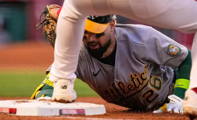 Athletics' Carlos Cortes, right, is tagged out at first by Los Angeles Angels first baseman Nolan Schanuel after trying to stretch a single during the fourth inning of a baseball game Thursday, May 21, 2026, in Anaheim, Calif. (AP Photo/Mark J. Terrill)