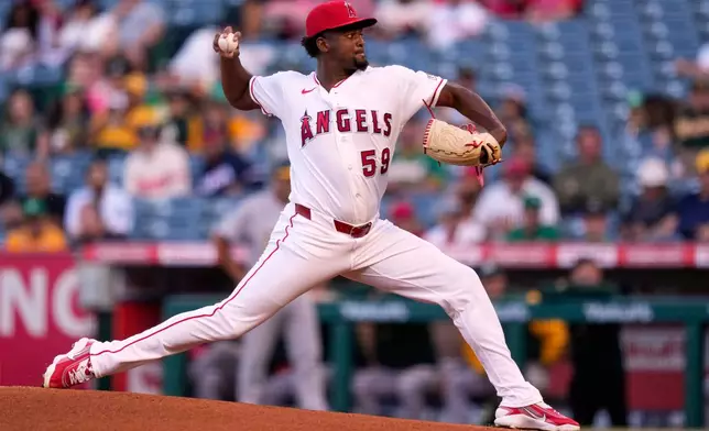 Los Angeles Angels pitcher José Soriano throws to the plate during the first inning of a baseball game against the Athletics, Thursday, May 21, 2026, in Anaheim, Calif. (AP Photo/Mark J. Terrill)