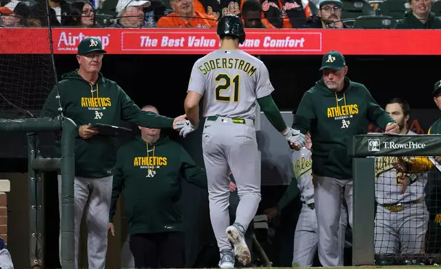 Athletics' Tyler Soderstrom (21) is greeted by coaches after scoring a run on a single hit by Jacob Wilson against Baltimore Orioles pitcher Trey Gibson during the eighth inning of a baseball game, Friday, May 8, 2026, in Baltimore. (AP Photo/Terrance Williams)