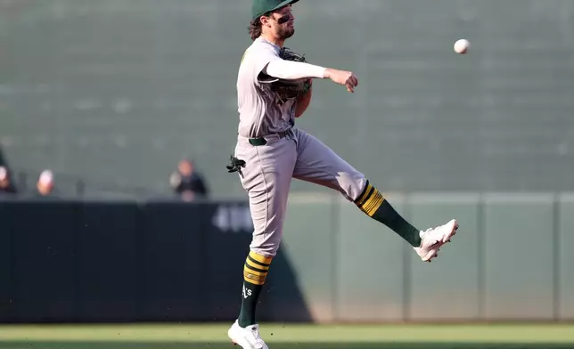 Athletics shortstop Jacob Wilson throws to first for an out during the sixth inning of a baseball game against the Baltimore Orioles, Saturday, May 9, 2026, in Baltimore. (AP Photo/Daniel Kucin Jr.)
