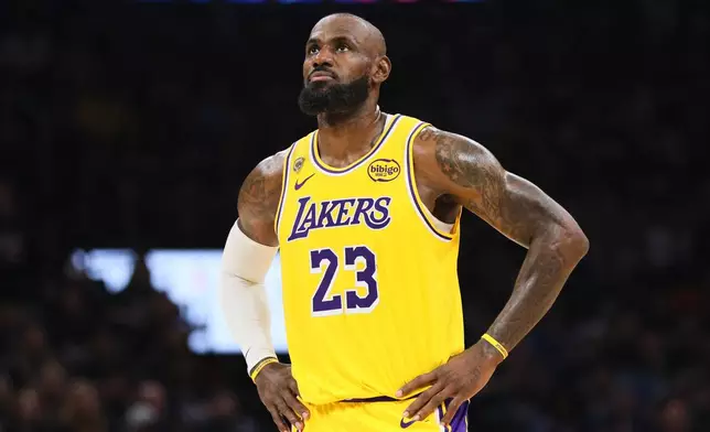 Los Angeles Lakers' LeBron James stands on the court in the second half of Game 2 in a second-round NBA basketball playoffs series against the Oklahoma City Thunder Thursday, May 7, 2026, in Oklahoma City. (AP Photo/Nate Billings)