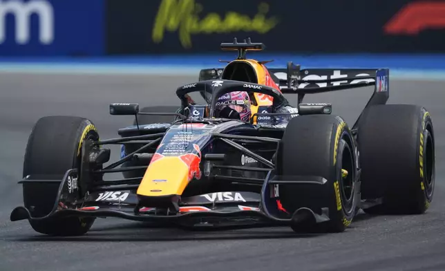 Red Bull driver Max Verstappen of the Netherlands steers his car during the first practice session ahead of the Miami Formula One Grand Prix, Friday, May 1, 2026, in Miami Gardens, Fla. (AP Photo/Rebecca Blackwell)