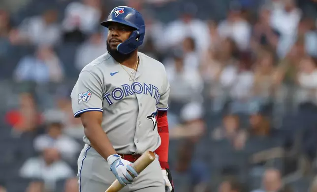 Toronto Blue Jays' Vladimir Guerrero Jr. looks on after striking out during the first inning of a baseball game against the New York Yankees, Tuesday, May 19, 2026, in New York. (AP Photo/Heather Khalifa)