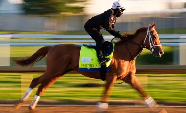 Kentucky Derby entrant Further Ado works out at Churchill Downs Thursday, April 30, 2026, in Louisville, Ky. (AP Photo/Charlie Riedel)