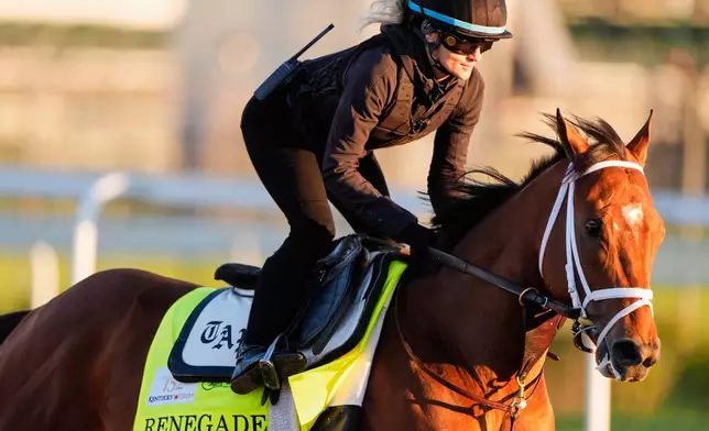 Kentucky Derby entrant Renegade works out at Churchill Downs Thursday, April 30, 2026, in Louisville, Ky. (AP Photo/Charlie Riedel)
