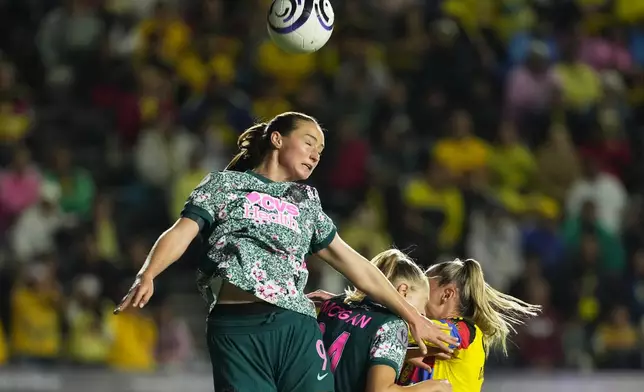 Tara Rudd of The United States' Washington Spirit jumps for the ball during the Women's CONCACAF Champions Cup final soccer match against Mexico's America in Pachuca, Mexico, Saturday, May 23, 2026.(AP Photo/Fernando Llano)