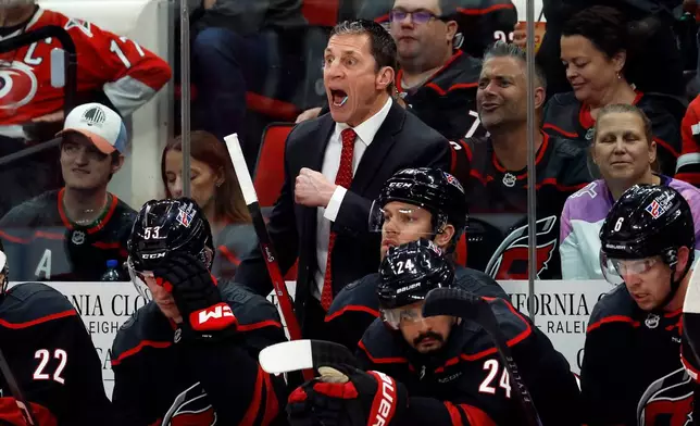 Carolina Hurricanes head coach Rod Brind'Amour, center top, protests a call during the third period of Game 2 of an NHL hockey Stanley Cup second-round playoff series against the Philadelphia Flyers in Raleigh, N.C., Monday, May 4, 2026. (AP Photo/Karl DeBlaker)