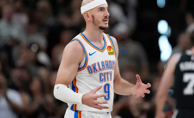 Oklahoma City Thunder guard Alex Caruso (9) reacts against the San Antonio Spurs in the second half of Game 6 in the Western Conference finals NBA basketball playoffs series, Thursday, May 28, 2026, in San Antonio. (AP Photo/David J. Phillip)