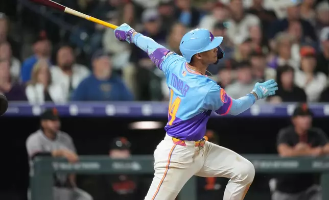 Colorado Rockies' Ezequiel Tovar follows the flight of his two-run home run off San Francisco Giants relief pitcher Caleb Kilian in the ninth inning of a baseball game Friday, May 29, 2026, in Denver. (AP Photo/David Zalubowski)