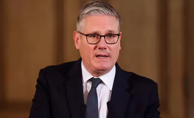 Britain's Prime Minister Keir Starmer speaks, during a meeting with leaders from across society to discuss tackling antisemitism, at Downing Street in London, Tuesday, May 5, 2026. (Hannah McKay/Pool Photo via AP)