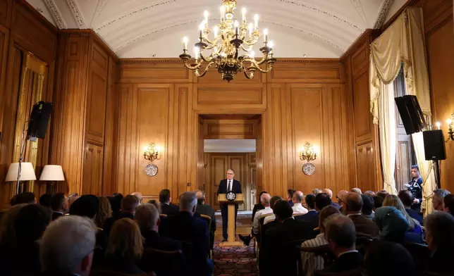 Britain's Prime Minister Keir Starmer speaks, during a meeting with leaders from across society to discuss tackling antisemitism, at Downing Street in London, Tuesday, May 5, 2026. (Hannah McKay/Pool Photo via AP)