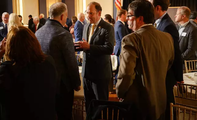 Rep. Andy Barr, R-KY, a Trump-endorsed candidate for the U.S. Senate, speaks to guests of the Kenton County Republican Party Lincoln Day Dinner, Thursday, April 30, 2026, in Covington, Ky. (AP Photo/Jon Cherry)