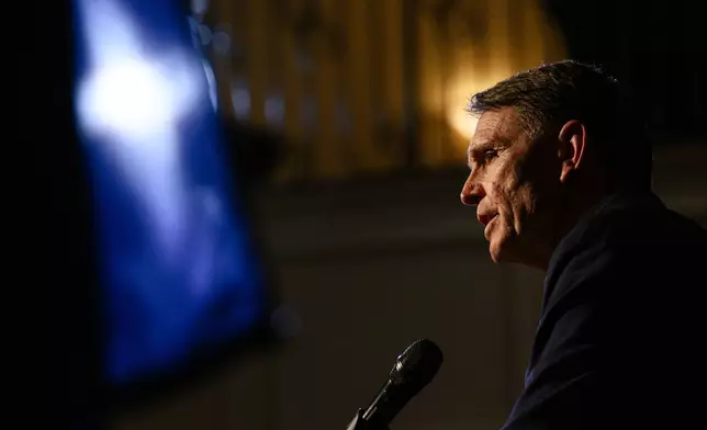 Republican congressional candidate for Kentucky, Ed Gallrein, speaks on stage during the Kenton County Republican Party Lincoln Day Dinner, Thursday, April 30, 2026, in Covington, Ky. (AP Photo/Jon Cherry)