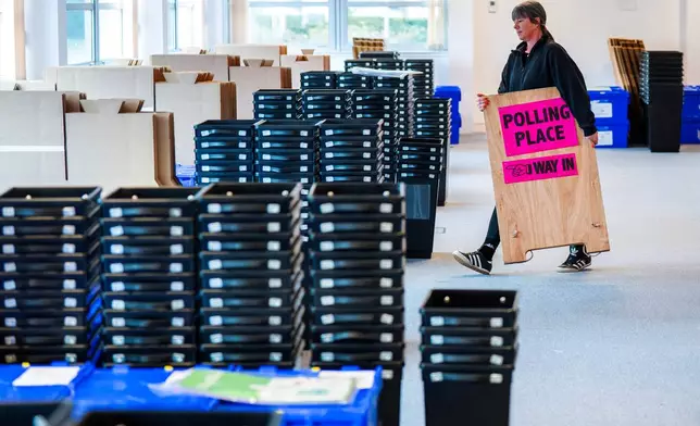 Ballot boxes and signs are dispatched to polling stations around Edinburgh from Edinburgh City Council's storage area at the Sirius Building in the west of the city ahead of the Scottish Elections on May 7, in Edinburgh, Scotland, Wednesday, May 6, 2026. (Jane Barlow/PA via AP)