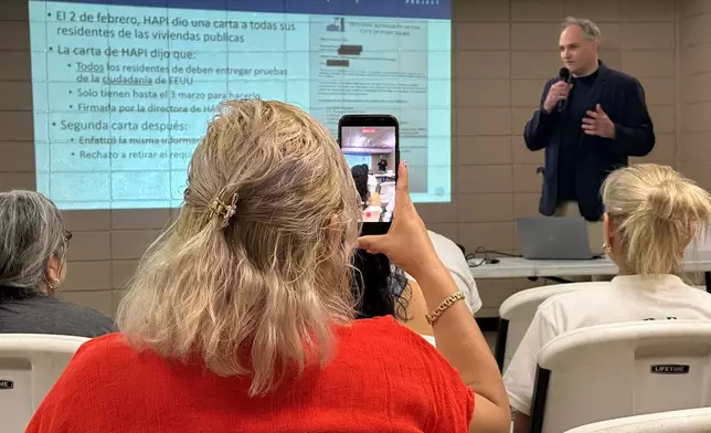 Community members attended a public forum, Feb. 19, 2026, at the Port Isabel Community Center in Port Isabel, Texas, to hear about tenant rights from Eric Dunn, an attorney with National Housing Law Project. (AP Photo/Valerie Gonzalez)