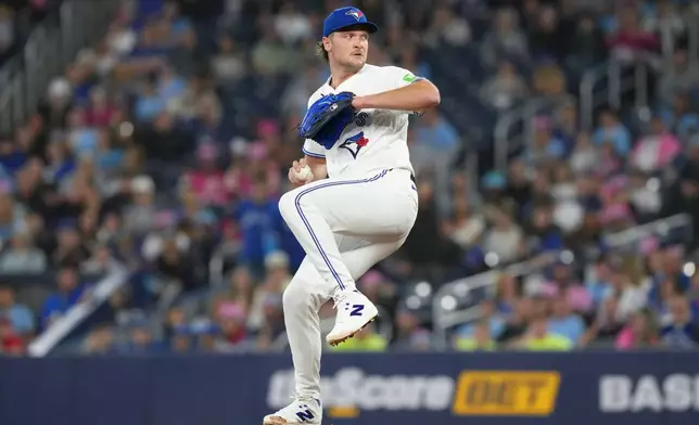 Toronto Blue Jays pitcher Trey Yesavage winds up to deliver against the Los Angeles Angels during first-inning baseball game action in Toronto, Saturday, May 9, 2026. (Chris Young/The Canadian Press via AP)