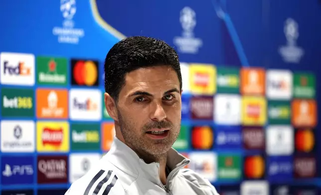 Arsenal manager Mikel Arteta attends a press conference in London, Monday, May 4, 2026, ahead of the Champions League semifinal second leg soccer match between Arsenal and Atletico Madrid on Tuesday. (Steven Paston/PA via AP)