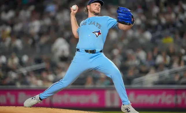 Toronto Blue Jays pitcher Trey Yesavage (39) throws during the first inning of a baseball game against the New York Yankees, Wednesday, May 20, 2026, in New York. (AP Photo/Yuki Iwamura)