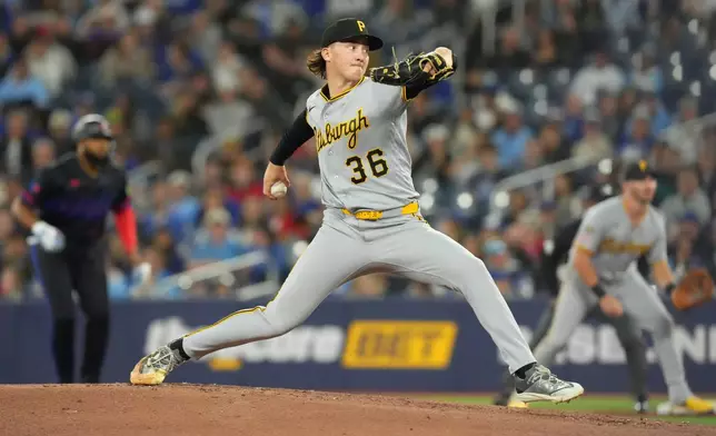 Pittsburgh Pirates pitcher Bubba Chandler (36) works against the Toronto Blue Jays during first inning of a baseball game in Toronto, Friday, May 22, 2026. (Chris Young/The Canadian Press via AP)
