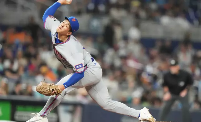 New York Mets relief pitcher Jonah Tong throws during the sixth inning of a baseball game against the Miami Marlins, Friday, May 22, 2026, in Miami. (AP Photo/Lynne Sladky)