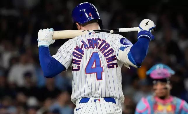 Chicago Cubs' Pete Crow-Armstrong reacts after flying out to Milwaukee Brewers left fielder Jackson Chourio during the sixth inning of a baseball game in Chicago, Monday, May 18, 2026. (AP Photo/Nam Y. Huh)