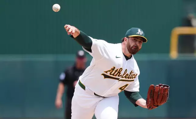 Athletics pitcher Aaron Civale throws a pitch in the first inning of a baseball game against the Cleveland Guardians, Sunday, May 3, 2026, in West Sacramento, Calif. (AP Photo/Alan Greth)