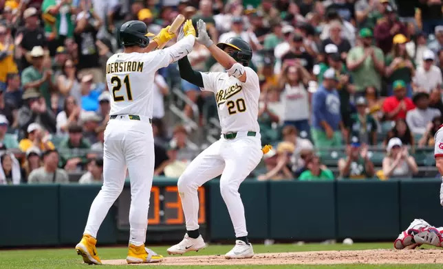 Athletics' Zack Gelof (20) is greeted at home plate by teammate Tyler Soderstrom (21) in the fifth inning of a baseball game against the Cleveland Guardians, Sunday, May 3, 2026, in West Sacramento, Calif. (AP Photo/Alan Greth)
