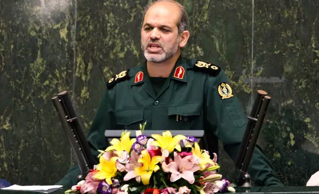 FILE - Nominee for defense minister Gen. Ahmad Vahidi delivers a speech to parliament on the qualification of proposed ministers of Iranian President Mahmoud Ahmadinejad, in Tehran, Iran, Sept. 1, 2009. (AP Photo/Vahid Salemi, File)