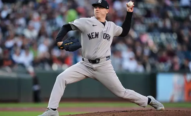 New York Yankees starting pitcher Ryan Weathers delivers during the first inning of a baseball game against the Baltimore Orioles, Monday, May 11, 2026, in Baltimore. (AP Photo/Stephanie Scarbrough)