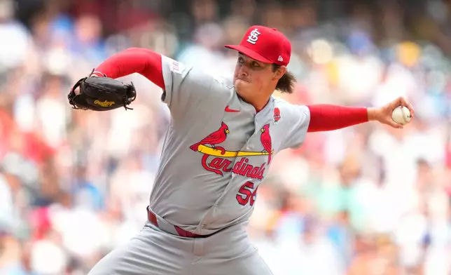 St. Louis Cardinals pitcher Brycen Mautz makes his major league debut during the sixth inning of a baseball game against the Milwaukee Brewers, Monday, May 25, 2026, in Milwaukee. (AP Photo/Kayla Wolf)