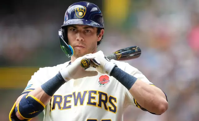 Milwaukee Brewers designated hitter Christian Yelich looks on during the first inning of a baseball game against the St. Louis Cardinals Monday, May 25, 2026, in Milwaukee. (AP Photo/Kayla Wolf)