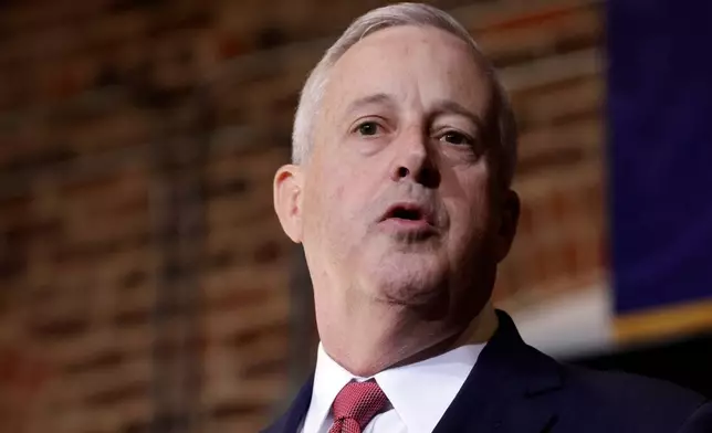 FILE - North Carolina Republican candidate for Senate Michael Whatley addresses a crowd, March 13, 2026, in Rocky Mount, N.C. (AP Photo/Chris Seward, File)