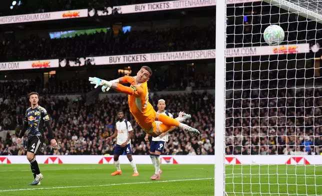 Tottenham Hotspur's Mathys Tel scores during the English Premier League soccer match between Tottenham Hotspur and Leeds United in London, Monday May 11, 2026. (John Walton/PA via AP)