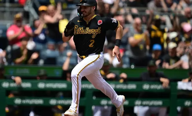 Pittsburgh Pirates' Spencer Horwitz scores a run on a RBI-double by Pittsburgh Pirates' Brandon Lowe during the third inning of a baseball game against the Chicago Cubs, Monday, May 25, 2026, in Pittsburgh. (AP Photo/David Dermer)