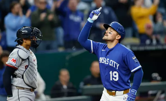 Kansas City Royals' Michael Massey, reacts as he celebrates his two-run home run as he crosses home plate near Cleveland Guardians catcher Bo Naylor, left, during the fourth inning of a baseball game against the Cleveland Guardians in Kansas City, Mo., Tuesday, May 5, 2026. (AP Photo/Colin E. Braley)
