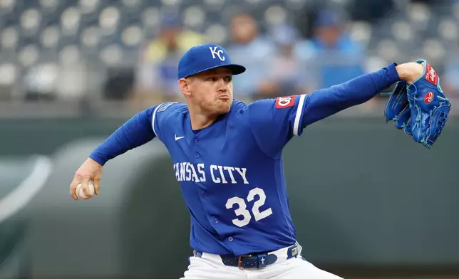 Kansas City Royals pitcher Stephen Kolek throws to a Cleveland Guardians batter during the first inning of a baseball game in Kansas City, Mo., Tuesday, May 5, 2026. (AP Photo/Colin E. Braley)