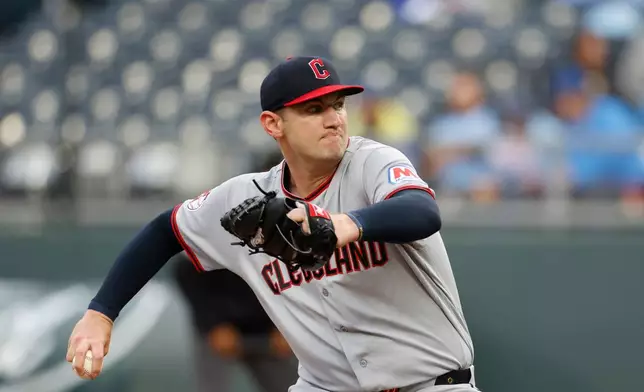 Cleveland Guardians pitcher Gavin Williams delivers to a Kansas City Royals batter during the first inning of a baseball game in Kansas City, Mo., Tuesday, May 5, 2026. (AP Photo/Colin E. Braley)