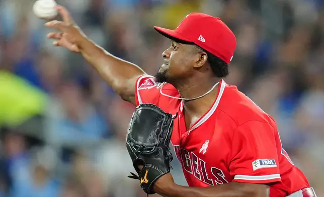 Los Angeles Angels pitcher José Soriano (59) throws against the Toronto Blue Jays during first inning MLB baseball action in Toronto on Sunday, May 10, 2026. (Frank Gunn/The Canadian Press via AP)