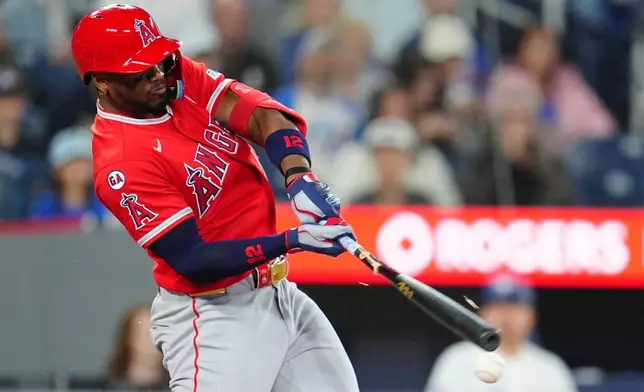 Los Angeles Angels' Jorge Soler grounds out with a broken bat during the top of the first inning of a baseball game against the Toronto Blue Jays in Toronto, Sunday, May 10, 2026. (Frank Gunn/The Canadian Press via AP)