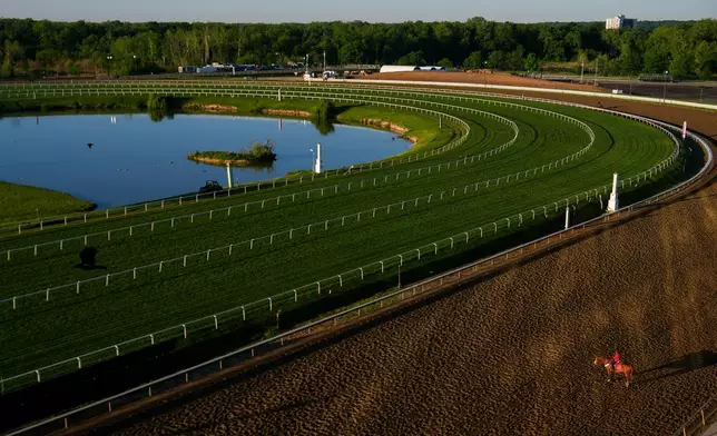 A horse works out at Laurel Park during sunrise, Friday, May 8, 2026, in Laurel, Md. (AP Photo/Julia Demaree Nikhinson)